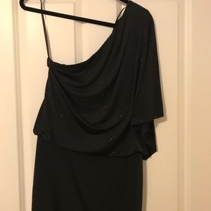 Black, one shoulder, mini dress.